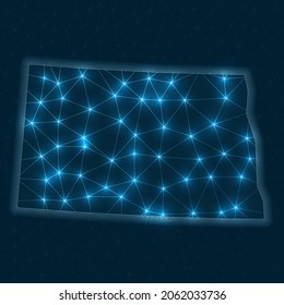 Mapa de la red de Dakota del Norte. Mapa geométrico abstracto del estado de estados unidos. Conexiones digitales y diseño de telecomunicaciones. Red de Internet brillante. Hermosa ilustración vectorial.