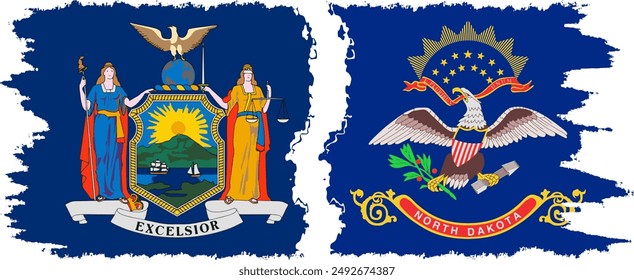North Dakota and New York states grunge brush flags connection, vector