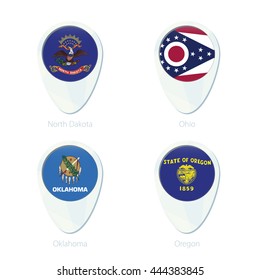North Dakota, Ohio, Oklahoma, Oregon flag location map pin icon. North Dakota State Flag, Ohio State Flag, Oklahoma State Flag, Oregon State Flag. Vector Illustration.