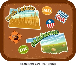 North Dakota, Oklahoma travel stickers with scenic landscapes and retro text on vintage suitcase background