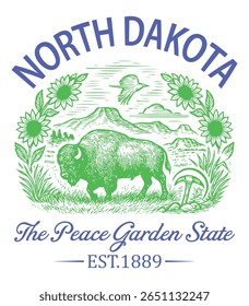 North Dakota The Peace Garden State Design - US State Vintage T-shirt Vector, USA States Cityscape Landmark Icons, American State Typography Shirt, USA Skyline Clipart, Retro travel city illustration
