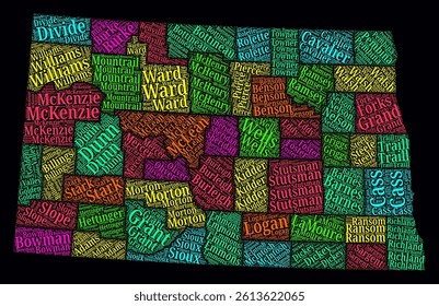 North Dakota Regions Word Clouds. Bright typographic style design on a dark background. North Dakota region names tag clouds. Boundary shape. Vibrant vector illustration.