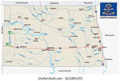 North dakota road vector map with flag