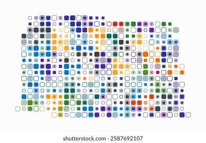 North Dakota, shape of the state build of colored cells. Digital style map of the North Dakota on white background. Large size rounded square blocks. Stylish vector illustration.