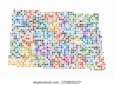 Dakota del Norte, forma de la construcción estatal de células de color. Mapa de estilo digital de Dakota del Norte sobre fondo blanco. Bloques cuadrados redondeados de tamaño Pequeño. Ilustración vectorial artística.