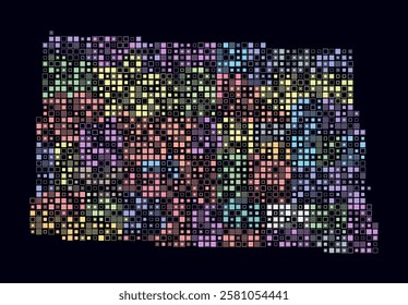 North Dakota, shape of the state built of colored cells. Digital style map of North Dakota on a dark background. Small size square blocks. Awesome vector illustration.