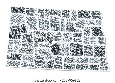 North Dakota shape text cloud. State border with shadow on white background. North Dakota with counties division in vintage gazette style. Amazing vector illustration.