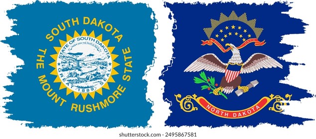 North Dakota and South Dakota states grunge brush flags connection, vector