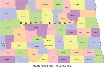 North Dakota state administrative map with counties. Colored. Vectored. Bright colors