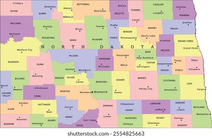 North Dakota state administrative map with counties and seats. Colored. Vectored. Bright colors