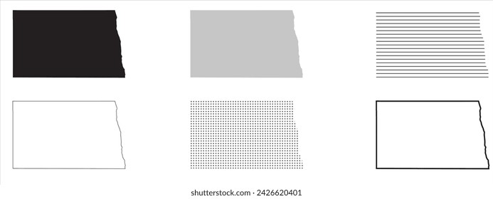 Mapa del estado de Dakota del Norte Negro. Silueta de mapa de Dakota del Norte aislado sobre fondo transparente. Ilustración vectorial. Variantes.