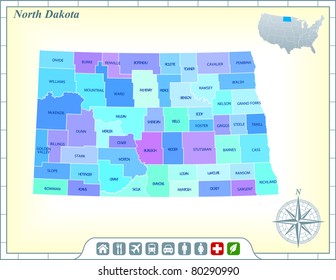 North Dakota State Map with Community Assistance and Activates Icons Original Illustration