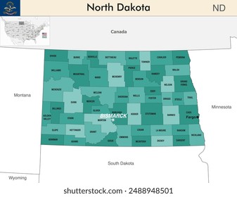 North Dakota state map with counties borders. North Dakota's at-large congressional district. Flag of North Dakota. Vector