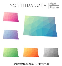North Dakota state map in geometric polygonal style. Set of North Dakota state maps filled with abstract mosaic, modern design background. Multicolored state map in low poly style.