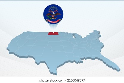 North Dakota state map on United States of America map in perspective. Vector presentation.