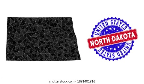 North Dakota State map polygonal mesh with filled triangles, and unclean bicolor seal. Triangle mosaic North Dakota State map with mesh vector model, triangles have randomized sizes, and positions,