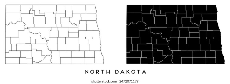 North Dakota state map of regions districts vector black on white and outline