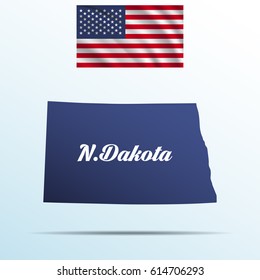 North Dakota state with shadow with USA waving flag