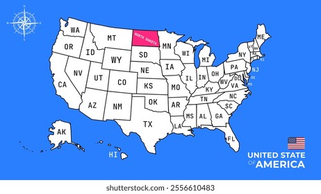North Dakota State, USA, vector map isolated on United states map.
