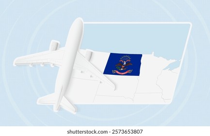 North Dakota Travel Illustration with Plane and National Flag. Ideal for travel agencies, promotional materials, or geographic content related to North Dakota.