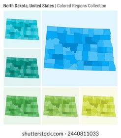 North Dakota, United States. Map collection. State shape. Colored counties. Light Blue, Cyan, Teal, Green, Light Green, Lime color palettes. Border of North Dakota with counties. Vector illustration.