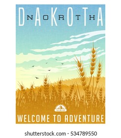 North Dakota, United States travel poster or luggage sticker. Scenic illustration of golden wheat fields with blackbirds and cirrus clouds overhead.
