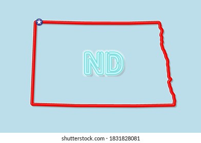 North Dakota US state bold outline map. Glossy red border with soft shadow. Two letter state abbreviation. Vector illustration.