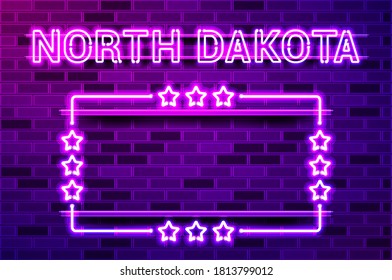 North Dakota US State glowing purple neon lettering and a rectangular frame with stars. Realistic vector illustration. Purple brick wall, violet glow, metal holders.