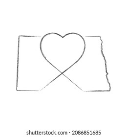 North Dakota US state hand drawn pencil sketch outline map with heart shape. Continuous line drawing of patriotic home sign. A love for a small homeland. T-shirt print idea. Vector illustration.