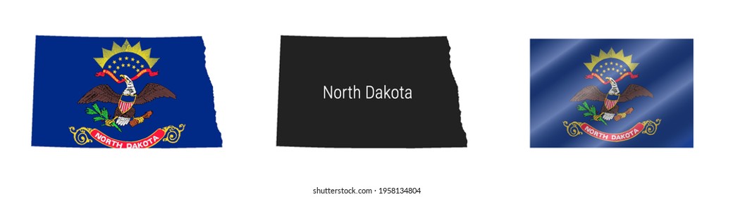 North Dakota US state map with masked flag. Detailed silhouette. Waving flag. Vector illustration isolated on white.