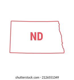 North Dakota US state map red outline border. Vector illustration isolated on white. Two-letter state abbreviation. Editable stroke. Adjust line weight.