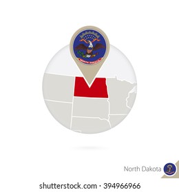 North Dakota US State map and flag in circle. Map of North Dakota, North Dakota flag pin. Map of North Dakota in the style of the globe. Vector Illustration.