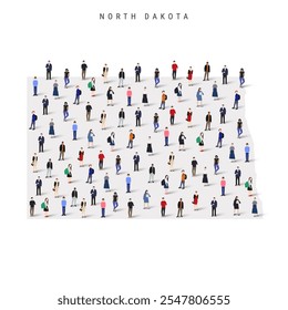 North Dakota US state population map. Large group of realistic a diverse crowd of people figures. Flat vector illustration isolated on white.