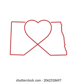 North Dakota US state red outline map with the handwritten heart shape. Continuous line drawing of patriotic home sign. A love for a small homeland. T-shirt print idea. Vector illustration.