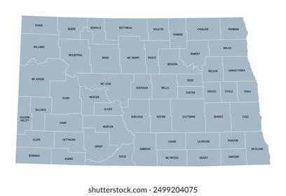 North Dakota, U.S. state subdivided into 53 counties, gray political map with borders and county names. State in the Upper Midwest region of United States, nicknamed Peace Garden and Roughrider State.