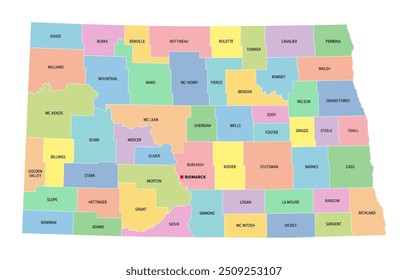 North Dakota, U.S. state subdivided into 53 counties, multi colored political map with its capital Bismarck, with borders and county names. State in the Upper Midwest region of the United States.