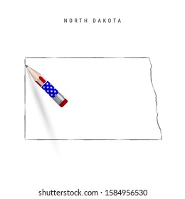 North Dakota US state vector map pencil sketch. North Dakota outline contour map with 3D pencil in american flag colors. Freehand drawing vector, hand drawn sketch isolated on white.