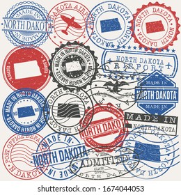 North Dakota, USA Set of Stamps. Travel Passport Stamps. Made In Product. Design Seals in Old Style Insignia. Icon Clip Art Vector Collection.