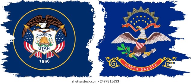 North Dakota and Utah states grunge brush flags connection, vector