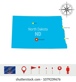 North Dakota Vector Map Isolated on White. High Detailed Silhouette of North Dakota State. Vector Flag of North Dakota. 3D Map Markers or Pointers, Navigation Elements. Rose of Wind or Compass Icon