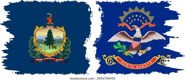 North Dakota and Vermont states grunge brush flags connection, vector