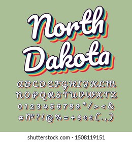 North Dakota vintage 3d vector lettering. Retro bold font, italic typeface with rainbow shadow. Pop art, old school style letters, numbers, symbols. 90s, 80s typography design. Green color background