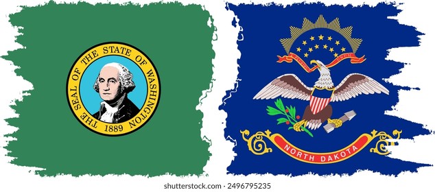 North Dakota and Washington states grunge brush flags connection, vector