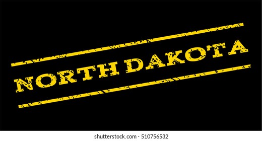North Dakota watermark stamp. Text tag between parallel lines with grunge design style. Rubber seal stamp with scratched texture. Vector yellow color ink imprint on a blue background.
