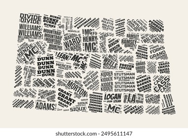 North Dakota word cloud. State with counties division. North Dakota typographic text clouds vector image design. Vintage gazette style state shape image. Classy vector illustration.