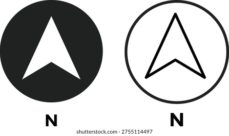 north direction icon. Compass north symbols. Downward arrow graphic design. North arrow and compass rose icons. Down arrow symbols
