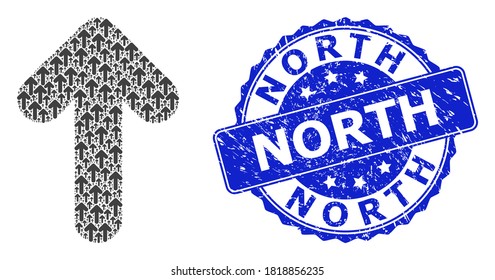 North dirty round stamp seal and vector recursive collage arrow up. Blue stamp seal includes North title inside round shape. Vector collage is composed with recursive arrow up items.