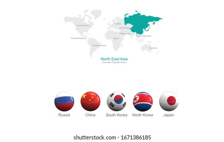 north east asia countries flag. Flag of Continental Countries. flag ball vector.