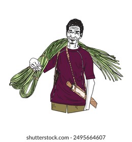 North East indian's man carrying green bamboo on shoulder, prominent tribes, Assam, India, sketch Hand drawn illustration 