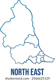 North East region of England with administrative subdivisions. Abstract hand drawn simplified shape map. Soft blue gradient outline map to use for any purpose